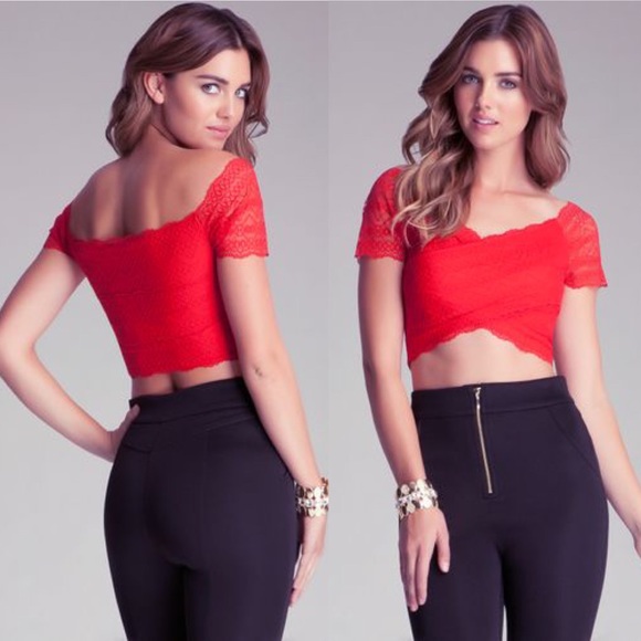 bebe Tops Bebe Red Lace Wrap Around V Neck Short Sleeve Crop Top Poshmark
